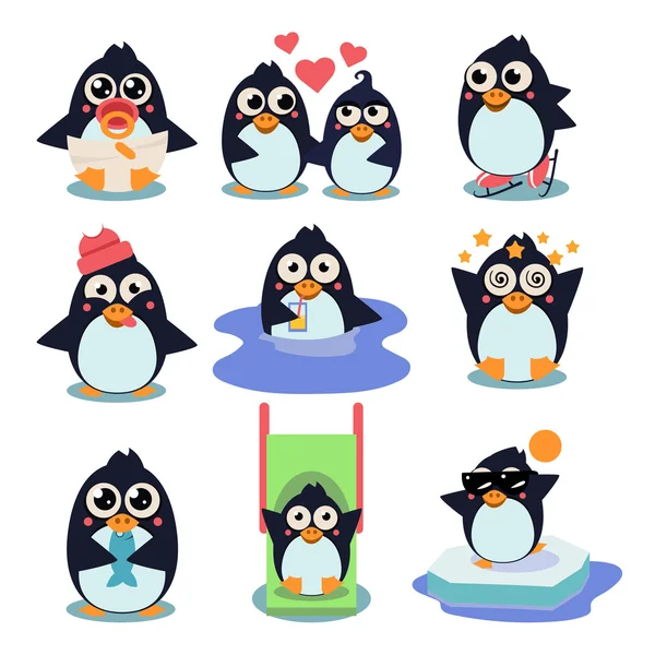 Пінгвін набір Векторні ілюстрації з пінгвіні в різних ситуаціях — стоковий вектор