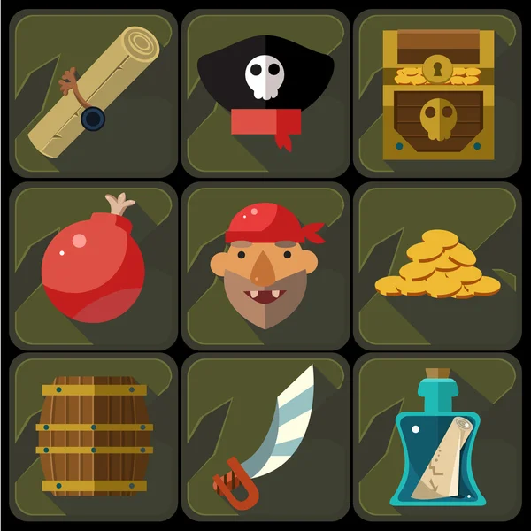 Conjunto de iconos planos de color vectorial e ilustraciones Pirata — Vector de stock