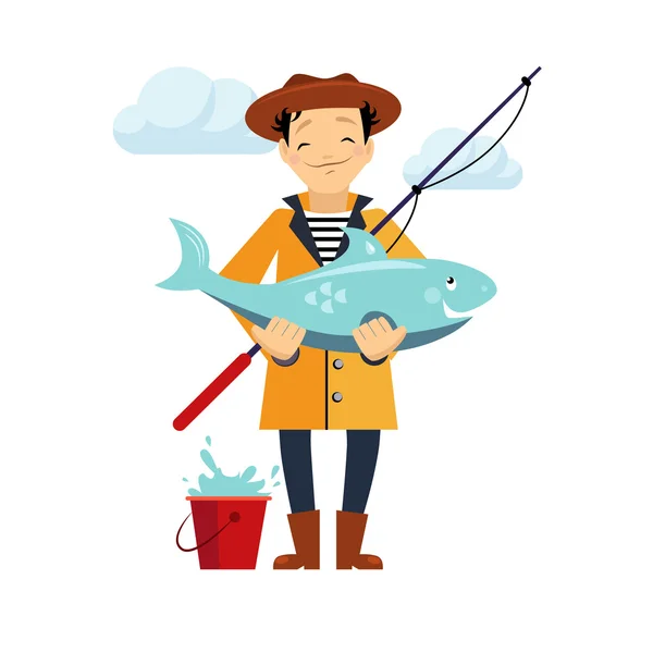 Fisherman and Fish Vector Illustration — Stock Vector