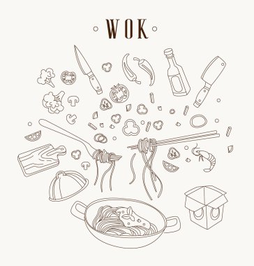 Wok illustration. Asian frying pan. Concept illustration for restaurant