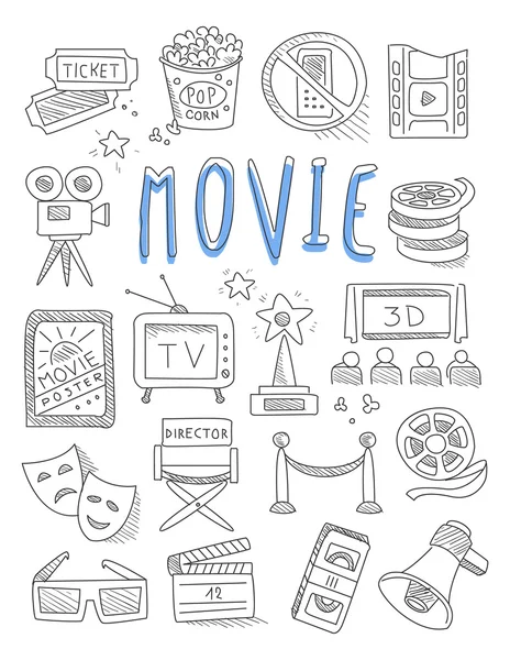 Jogo de doodles de cinema de vetor desenhado à mão —  Vetores de Stock