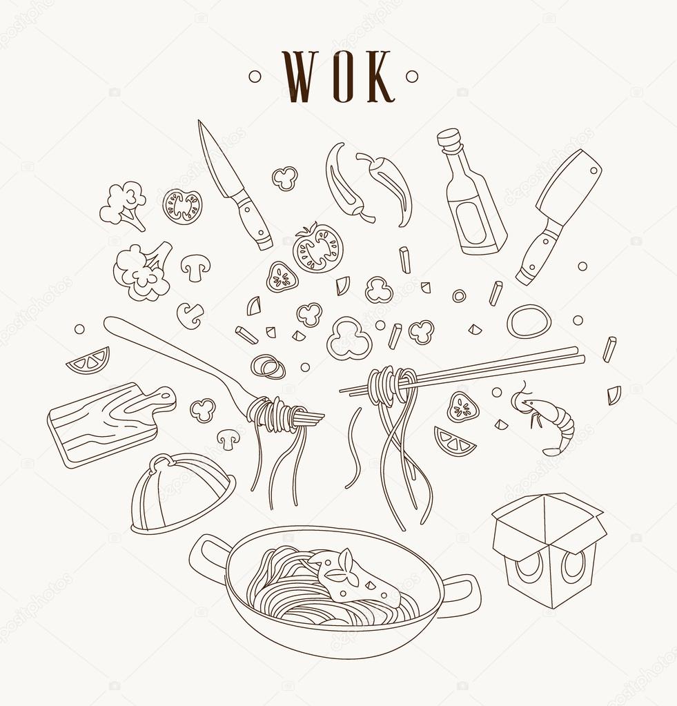 Wok illustration. Asian frying pan. Concept illustration for restaurant hand drawn