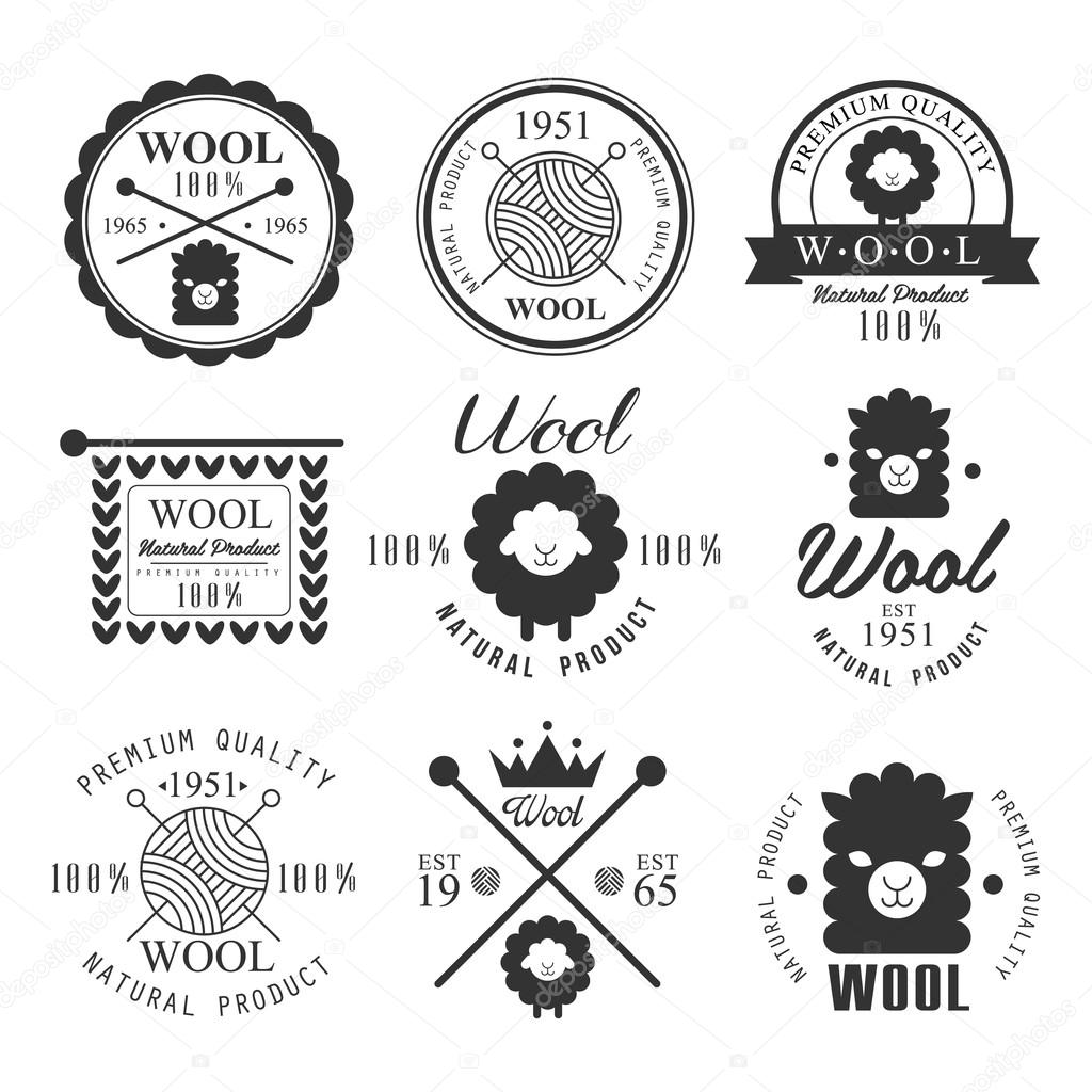 Wool labels and elements. Stickers and emblems for natural wool products. Vector set