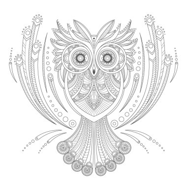 Zentangle Baykuş boyama son derece ayrıntılı olarak izole beyaz arka plan, elle çizilmiş resimler. Vektör tek renkli kroki.