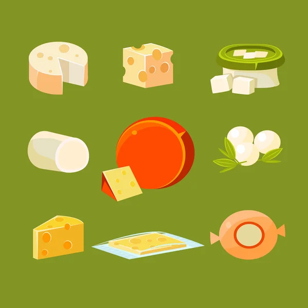 Διαφορετικοί τύποι τυρί εικονογράφηση φορέα που — Διανυσματικό Αρχείο