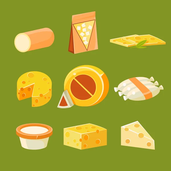 Diferentes tipos de queso, Set de ilustración de vectores planos — Archivo Imágenes Vectoriales