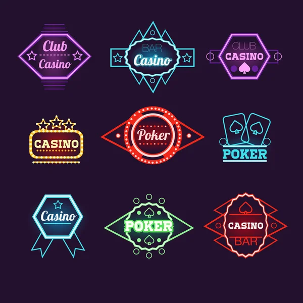 Neon ışık Poker Kulübü ve Casino Amblemler koleksiyonu — Stok Vektör