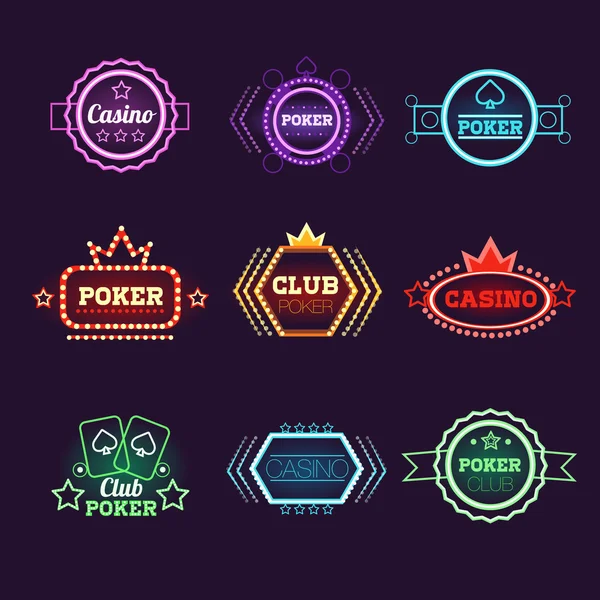 Neon ışık Poker Kulübü ve Casino amblem seti — Stok Vektör
