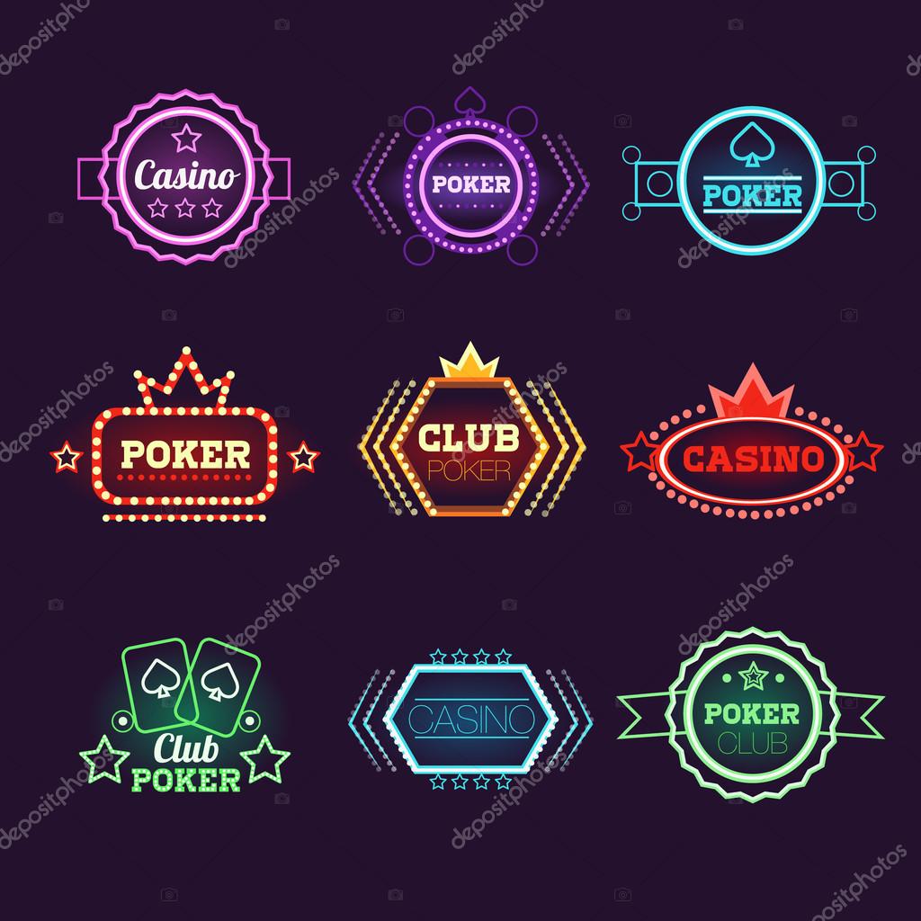 Neon Light Poker Club and Casino Emblems Vector Set