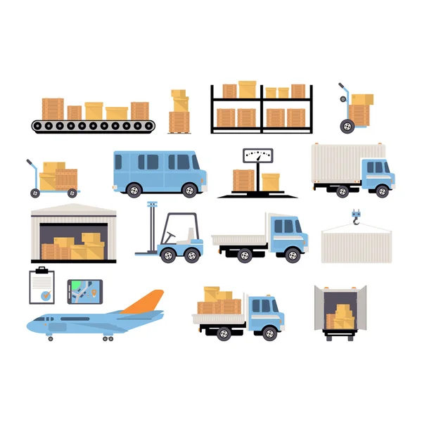 Warehouse flat set of logistics — Stock Vector