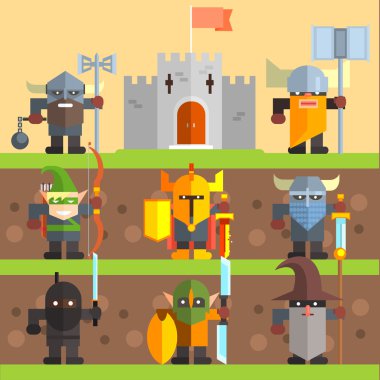 Castle ve şövalyeler. Ortaçağ oyun vektör Set