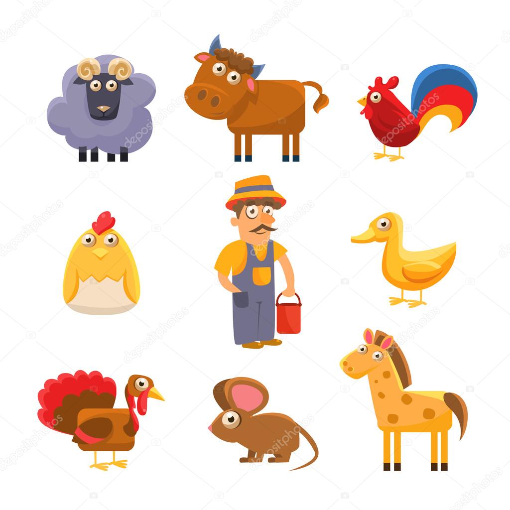 Collezione di animali di fattoria Illustrazione vettoriale colorato Set — Vettoriale Stock