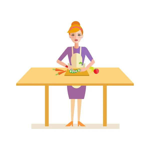Γυναίκα προετοιμάζει αγγούρι για μια σαλάτα — Διανυσματικό Αρχείο