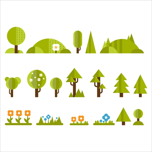 Trees, Bushes and Flowers Set in Flat Style — Stock Vector