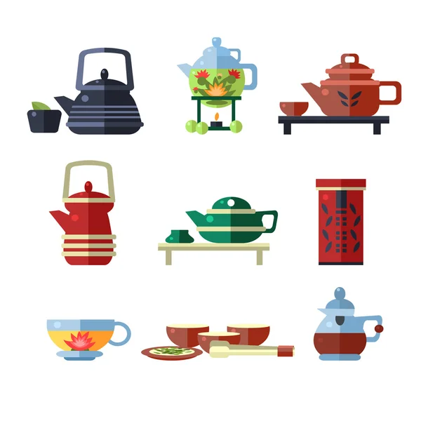 Xícara de chá e Kettle Set. Ilustração vetorial plana — Vetor de Stock