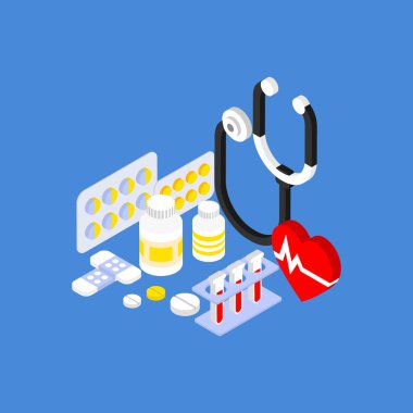 İzometrik çizimde düz tıp aletleri ve hapları