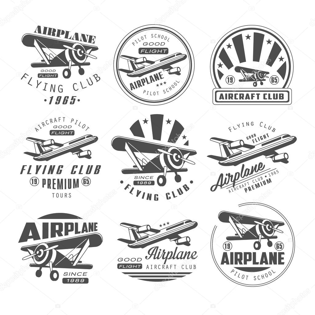 Airplane Club Vector Illustration Emblem, badges Set