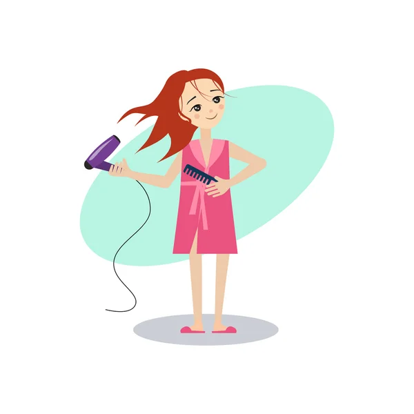 Drying Hair. Daily Routine Activities of Women. Vector Illustration — Stock Vector