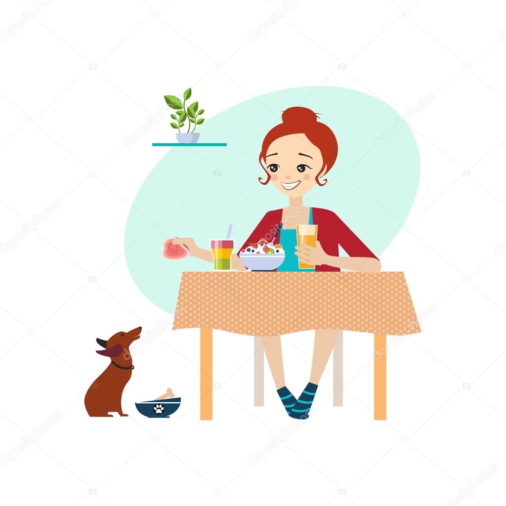 Eating at Home. Daily Routine Activities of Women. Vector Illustration