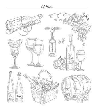 Şarap ve aksesuarları, elle çizilmiş