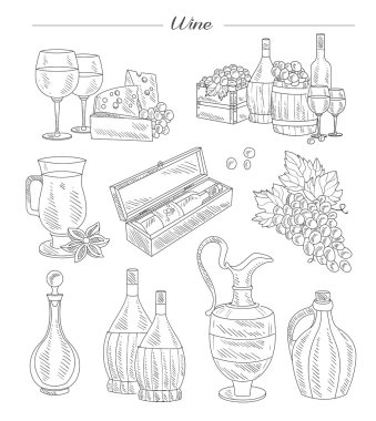 Wine and Grapes, Hand drawn clipart
