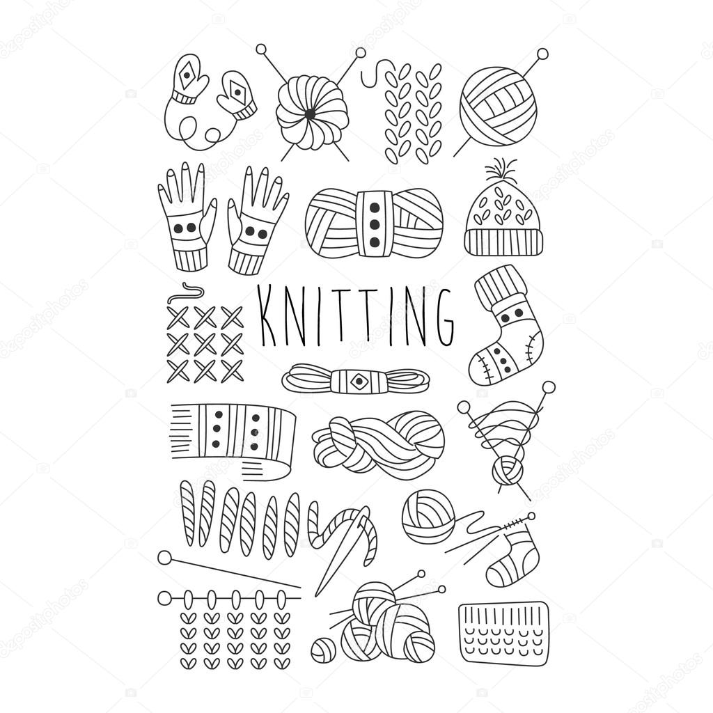 Knitting. Black and White Vector Hand drawn Collection