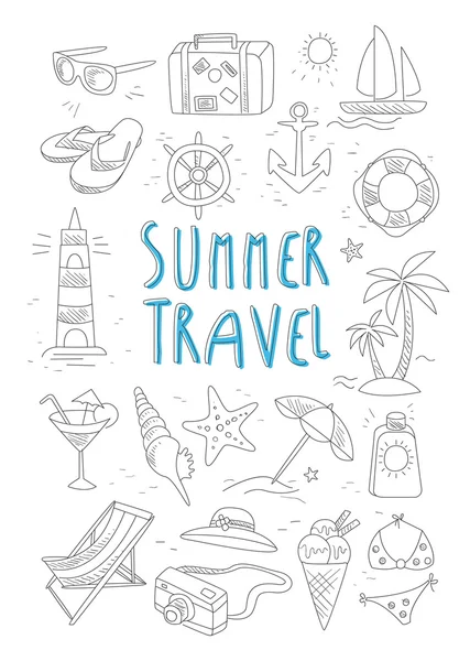 Verano Viajes y Turismo Handdrawn Set — Vector de stock