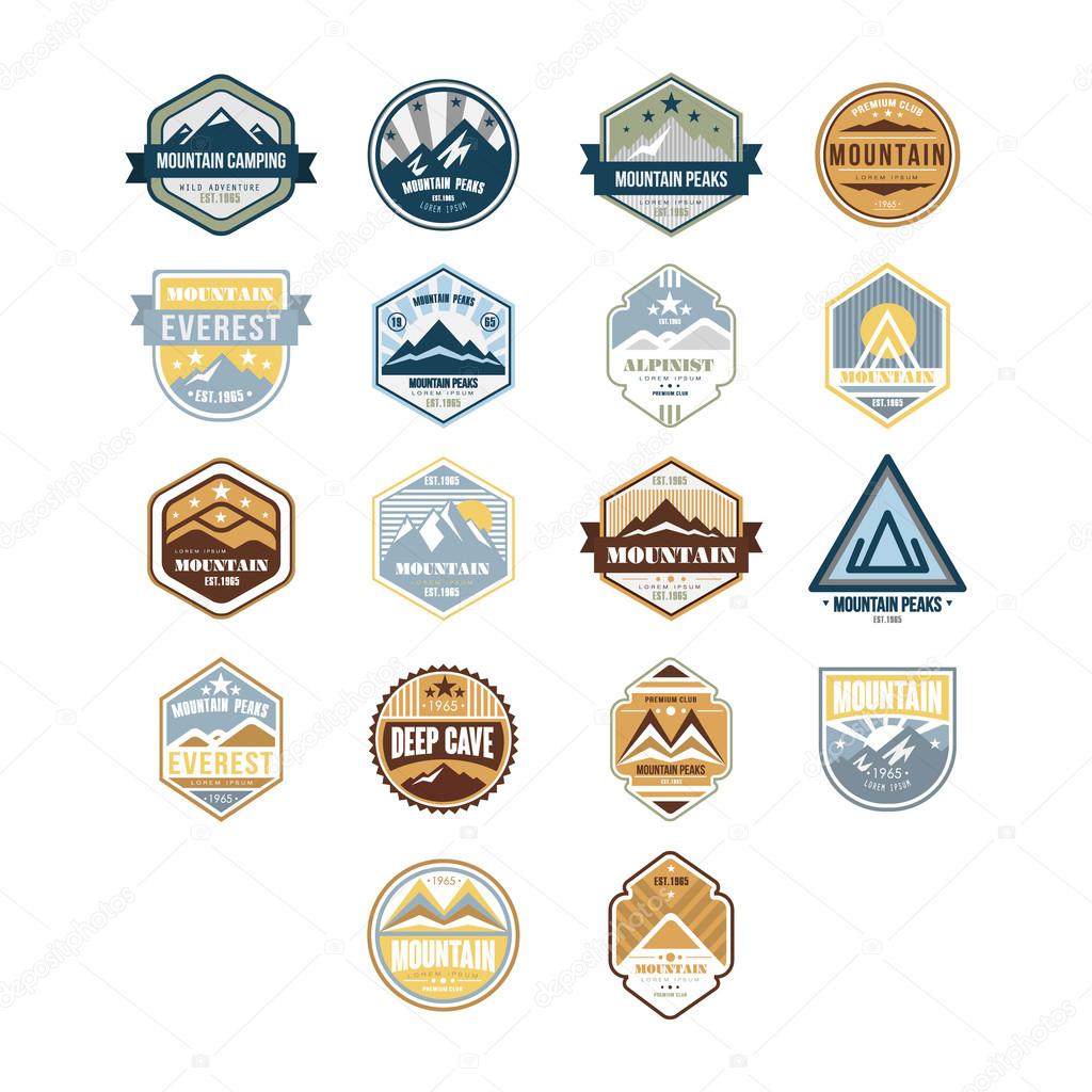 Mountain and Outdoor Adventure Vintage Emblems, Vector Set