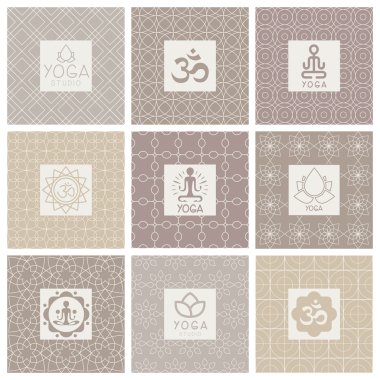 Yoga simgeler süsleme arka plan üzerinde. Vektör çizim Set