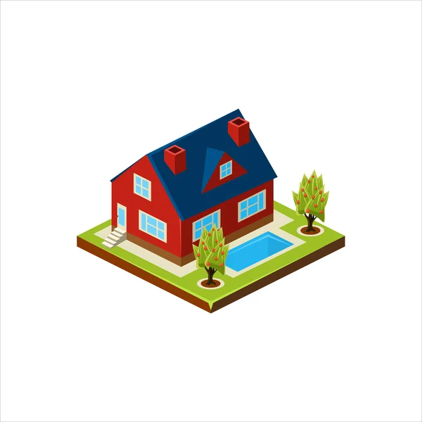 Icono isométrico que representa la casa moderna con patio trasero — Vector de stock