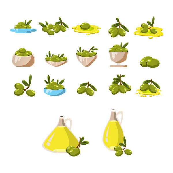 Iconos de aceitunas con árbol aceite rama hoja aislado vector — Vector de stock