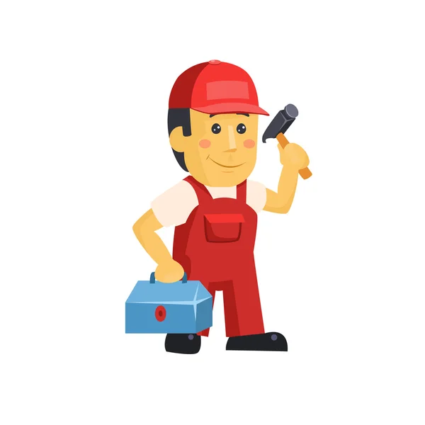Amistoso trabajador de la construcción hombre con herramientas, vector — Vector de stock