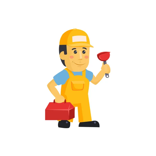 Amistoso trabajador de la construcción hombre con herramientas, vector — Vector de stock