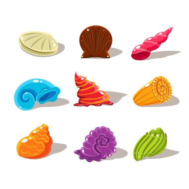 Parlak çizgi film deniz kabukları. Vektör çizim Set
