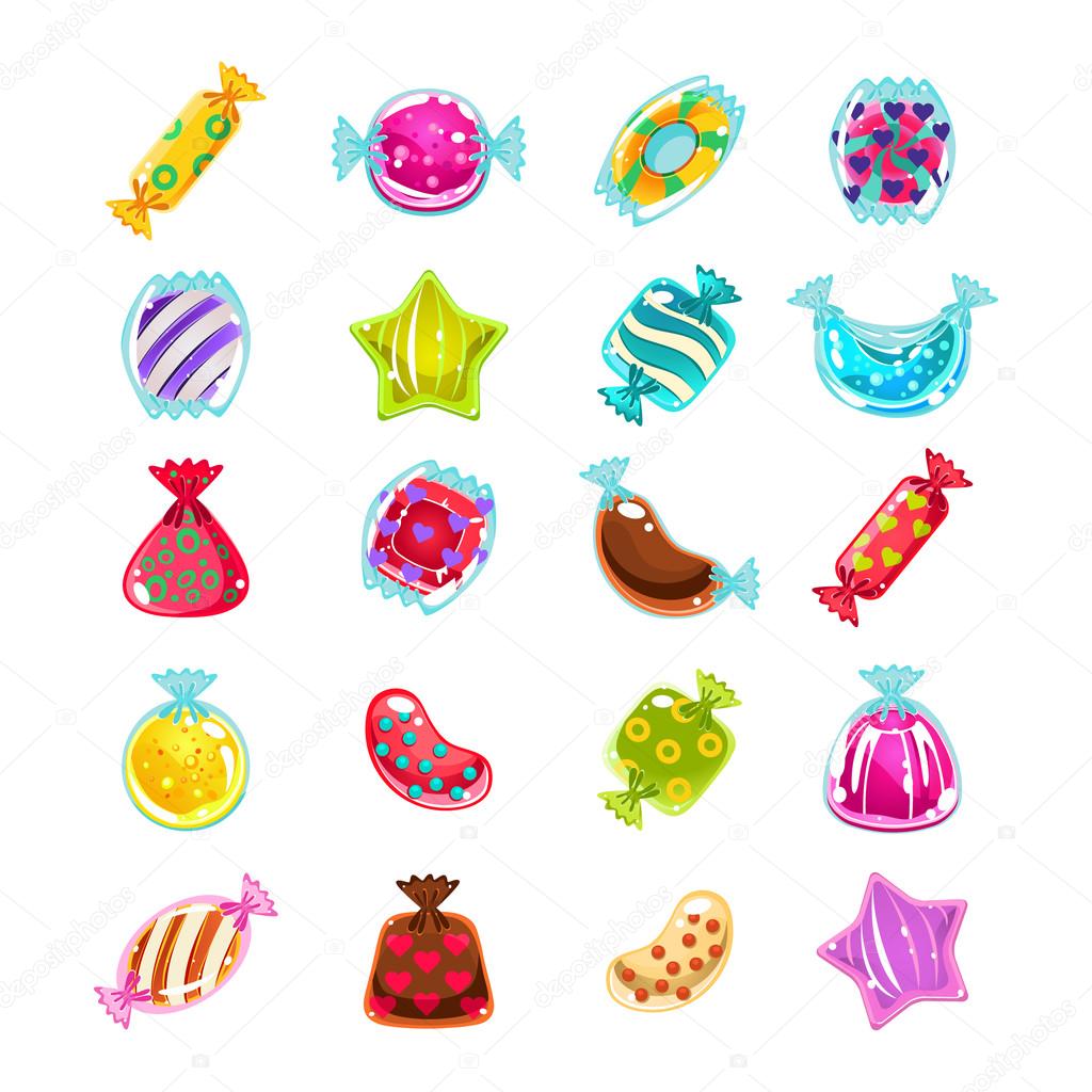 Bright Colorful Glossy Candies with Sparkles. Vector Illustration Set