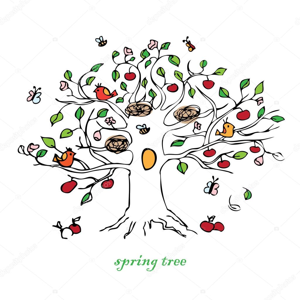Spring tree , birds, flowers on a white background 
