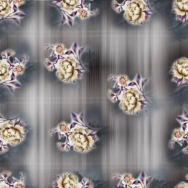 数字纺织品树皮的设计和彩色数字树皮与花卉无缝 — 图库照片