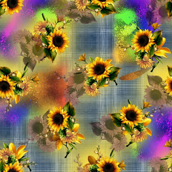デジタルテキスタイルは 花とシームレスに設計され カラフルなデジタルソースを参照してください — ストック写真