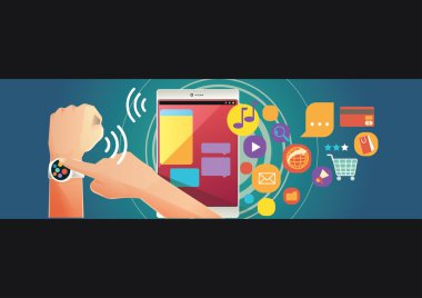 Tablet PC'yi kullanma smartwatch giyen adam. Tarama, sohbet ve sosyal medya paylaşımına