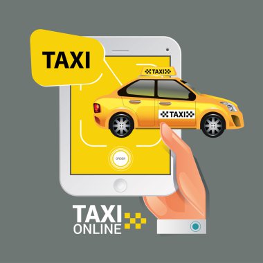 Bir taksi hizmeti kavramı vektör Illustration. Smartphone ve dokunmatik ekran