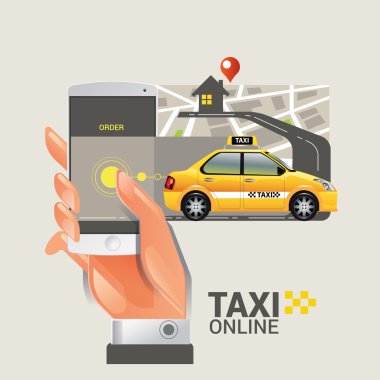 Bir taksi hizmeti kavramı vektör Illustration. Smartphone ve dokunmatik ekran