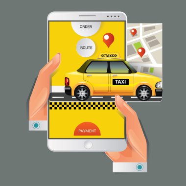 Bir taksi hizmeti kavramı vektör Illustration. Smartphone ve dokunmatik ekran