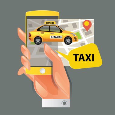 Bir taksi hizmeti kavramı vektör Illustration. Smartphone ve dokunmatik ekran