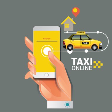 Bir taksi hizmeti kavramı vektör Illustration. Smartphone ve dokunmatik ekran