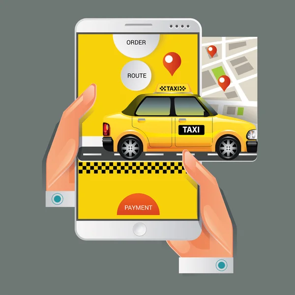 Vektor-Illustration eines Taxi-Service-Konzepts. Smartphone und Touchscreen — Stockvektor