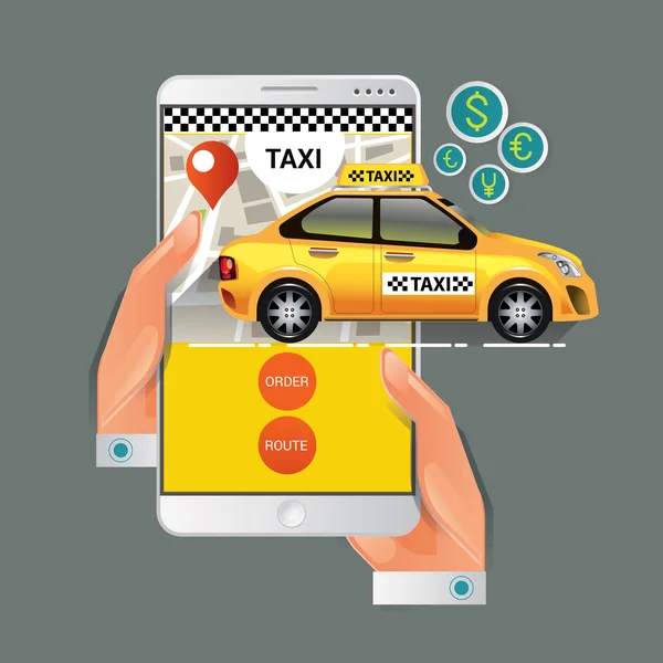 Vektorové ilustrace konceptu taxi služby. Smartphone a dotykovým displejem — Stockový vektor