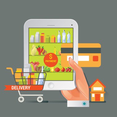 Gıda online sipariş için renkli vektör illüstrasyon kavramı. bakkal teslimat için teslimat vektör illüstrasyon kavramı