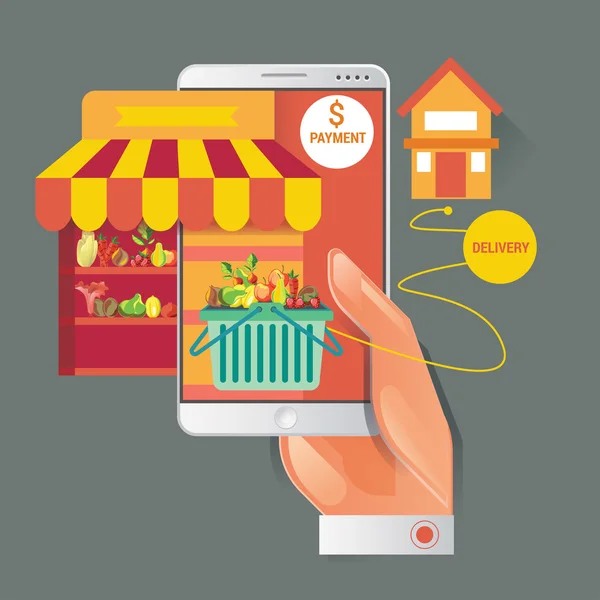 Kleurrijke vector illustratie concept voor online bestellen van voedsel. levering vector illustratie concept voor boodschappen bezorging — Stockvector