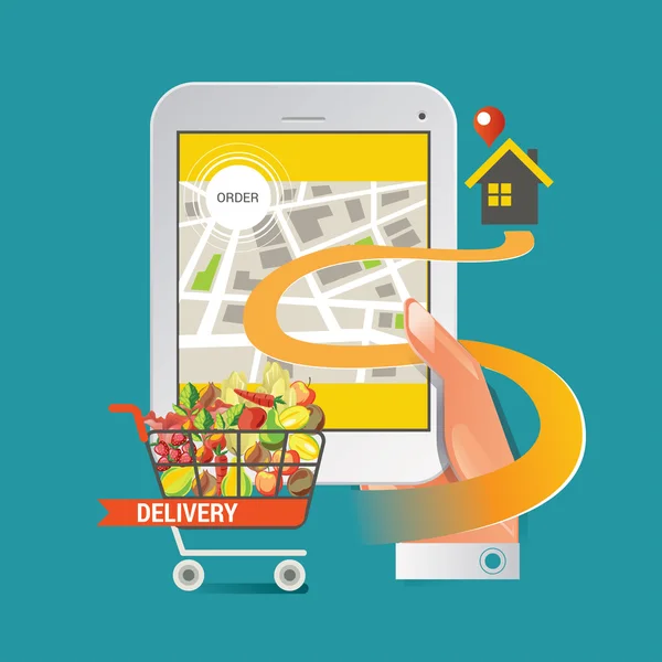Conceito de ilustração vetorial colorido para encomenda online de alimentos. conceito de ilustração vetorial de entrega para entrega de supermercado —  Vetores de Stock