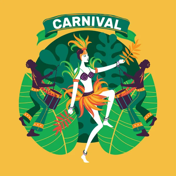 Vector Illustration Woman Dance Colorful Carnival Costume Tropic Leafes Mask — Stock Vector